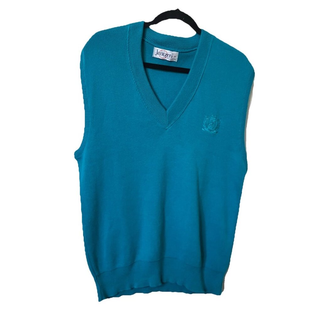 Vintage Jantzen Sweater Vest Mens M Cricket Turquoise Cotton Knit Crest Academia